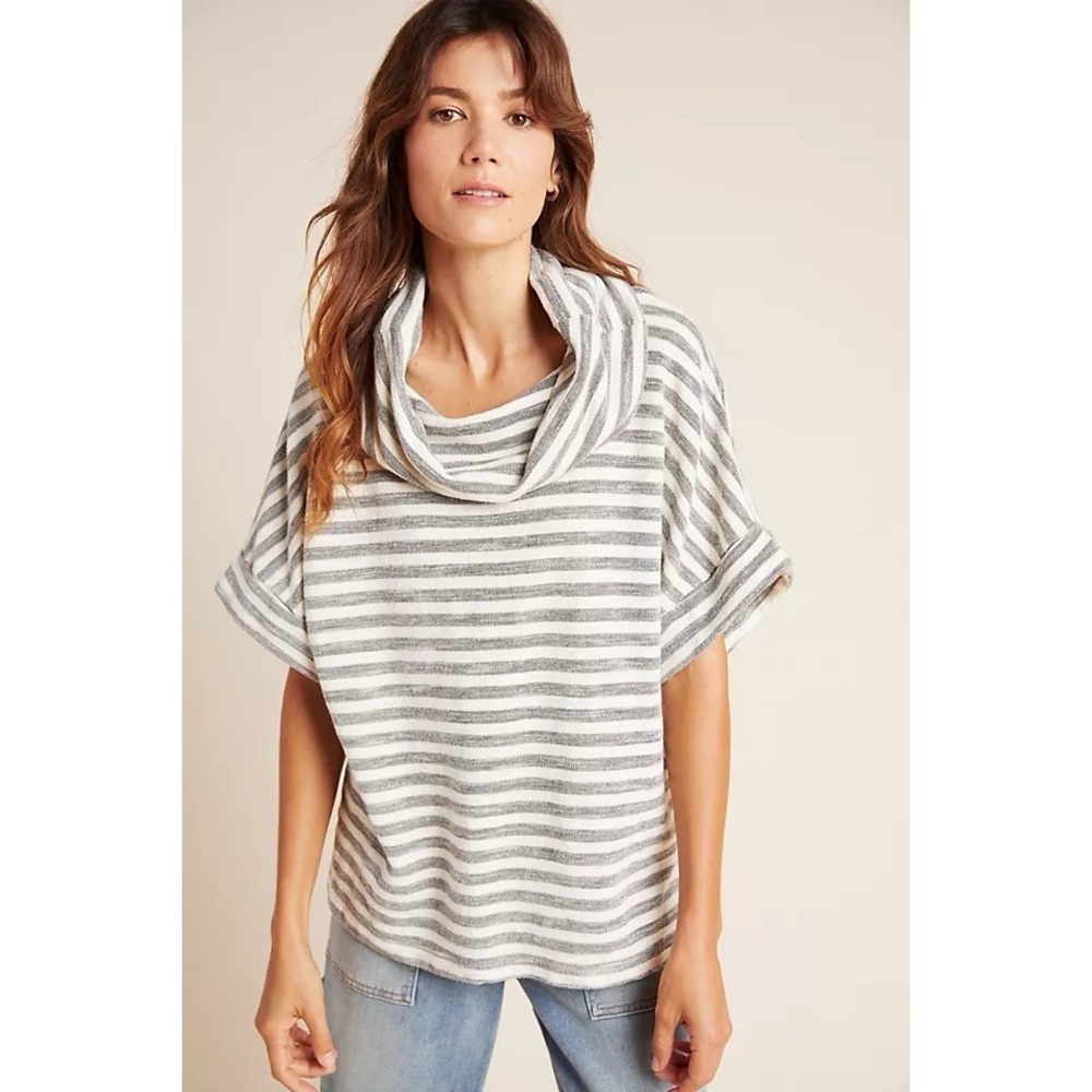 T.La Anthropologie Cassia Gray White Striped Cowl‑Neck Knit Long Sleeve Top M